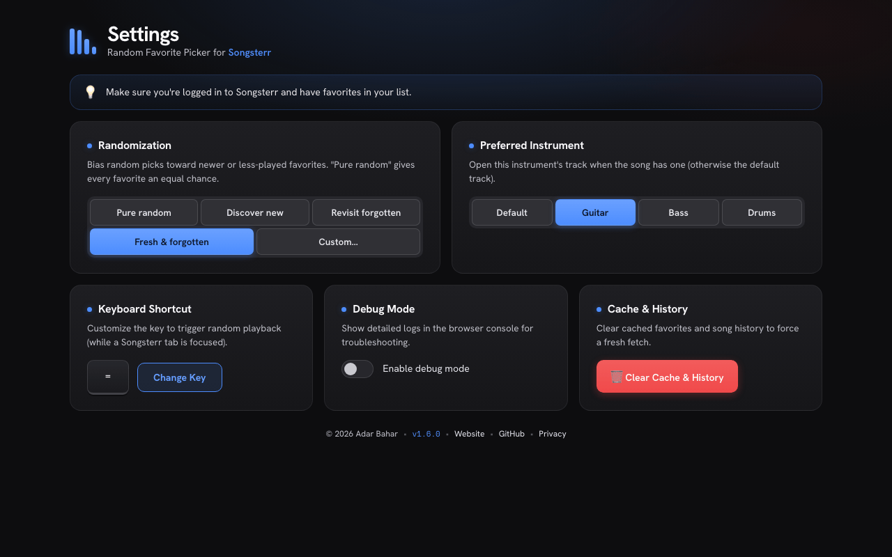 Random Favorite Picker settings page